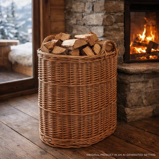wicker basket container with jute trim and handles