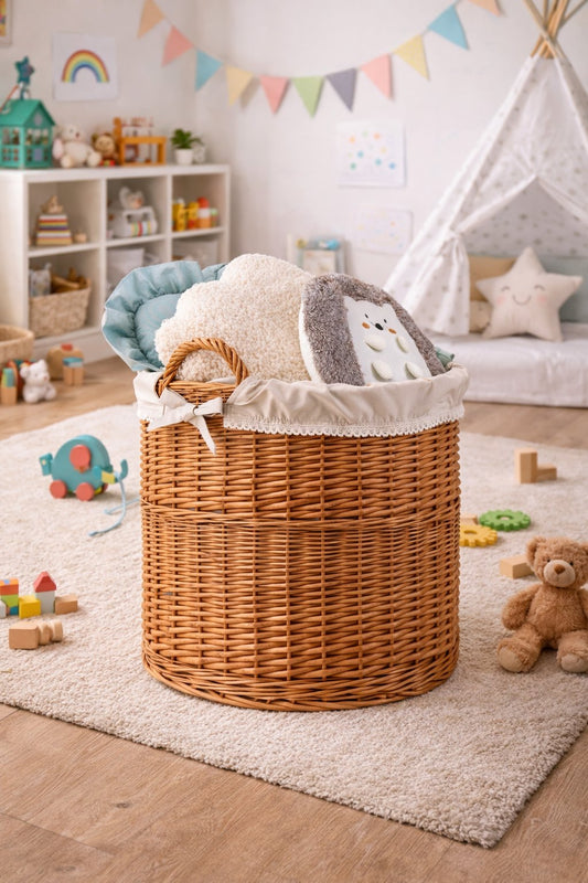 wicker storage basket with beige trim