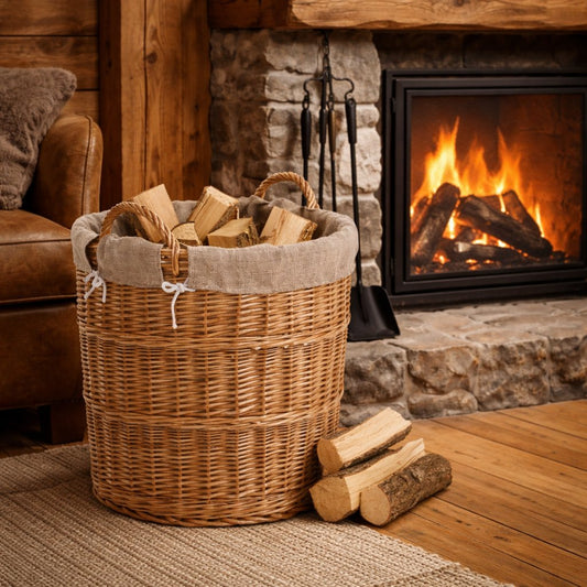 Bawira wiklinowy kosz na drewno kominkowe z jutowym obszyciem, z uchwytami TheWickerStories