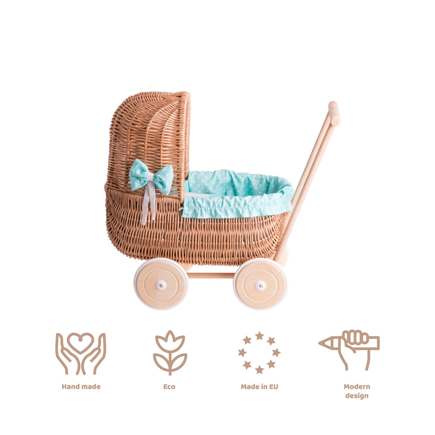 Lala wicker doll stroller with green trim, blanket, and pillow