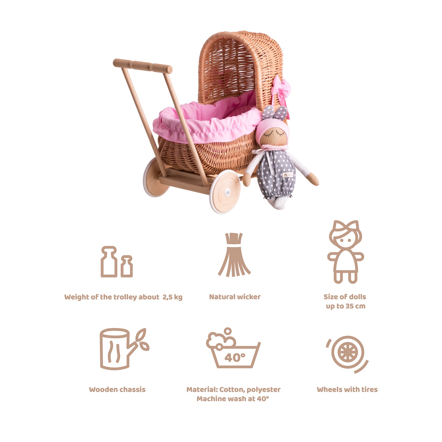 Lala wicker doll stroller with pink trim, blanket, and pillow