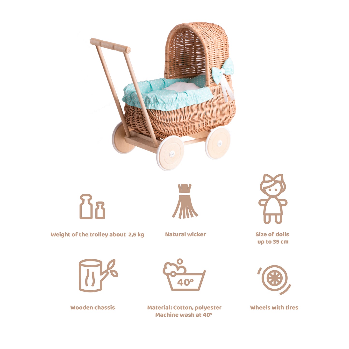 Lala wicker doll stroller with green trim, blanket, and pillow