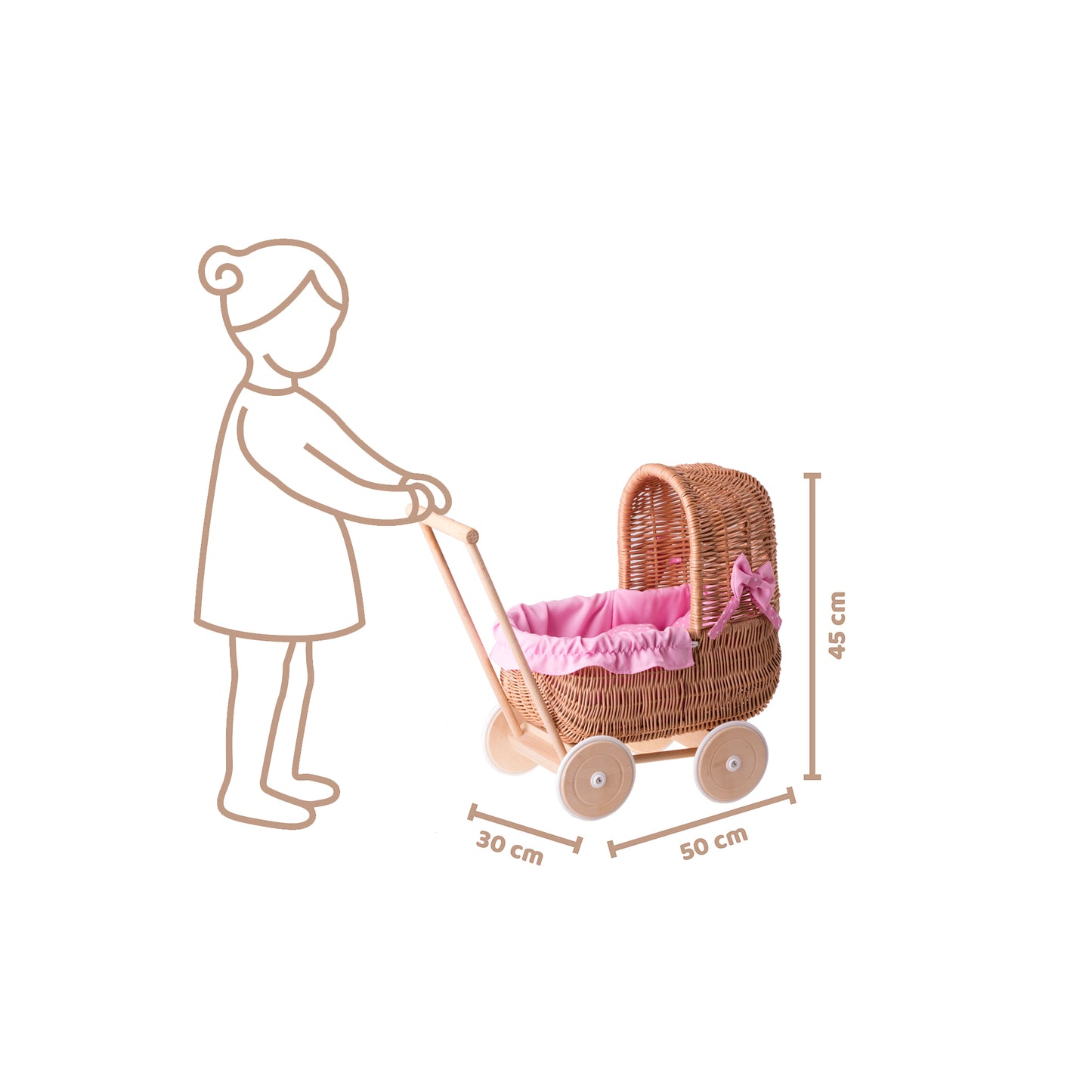Lala wicker doll stroller with pink trim, blanket, and pillow