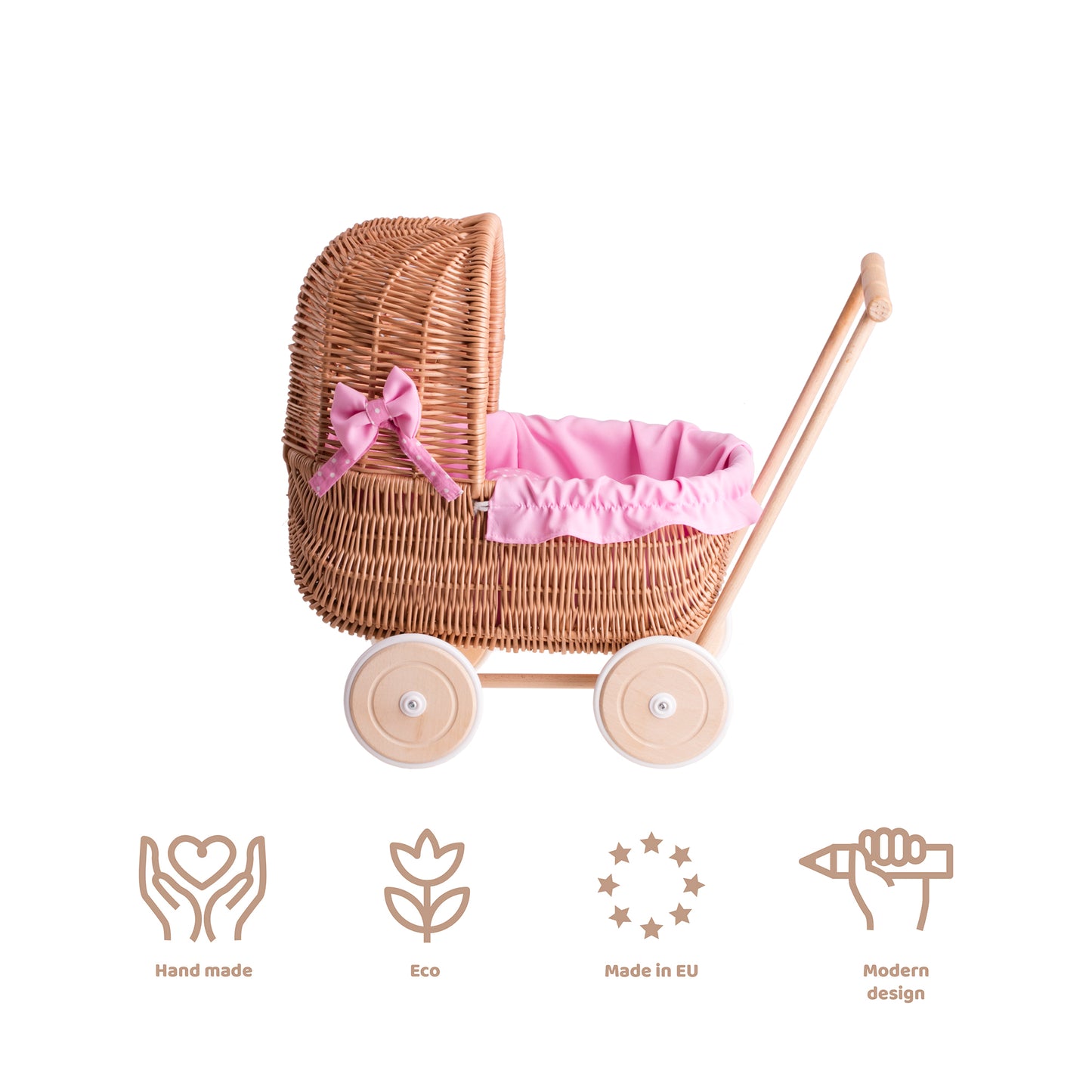 Lala wicker doll stroller with pink trim, blanket, and pillow