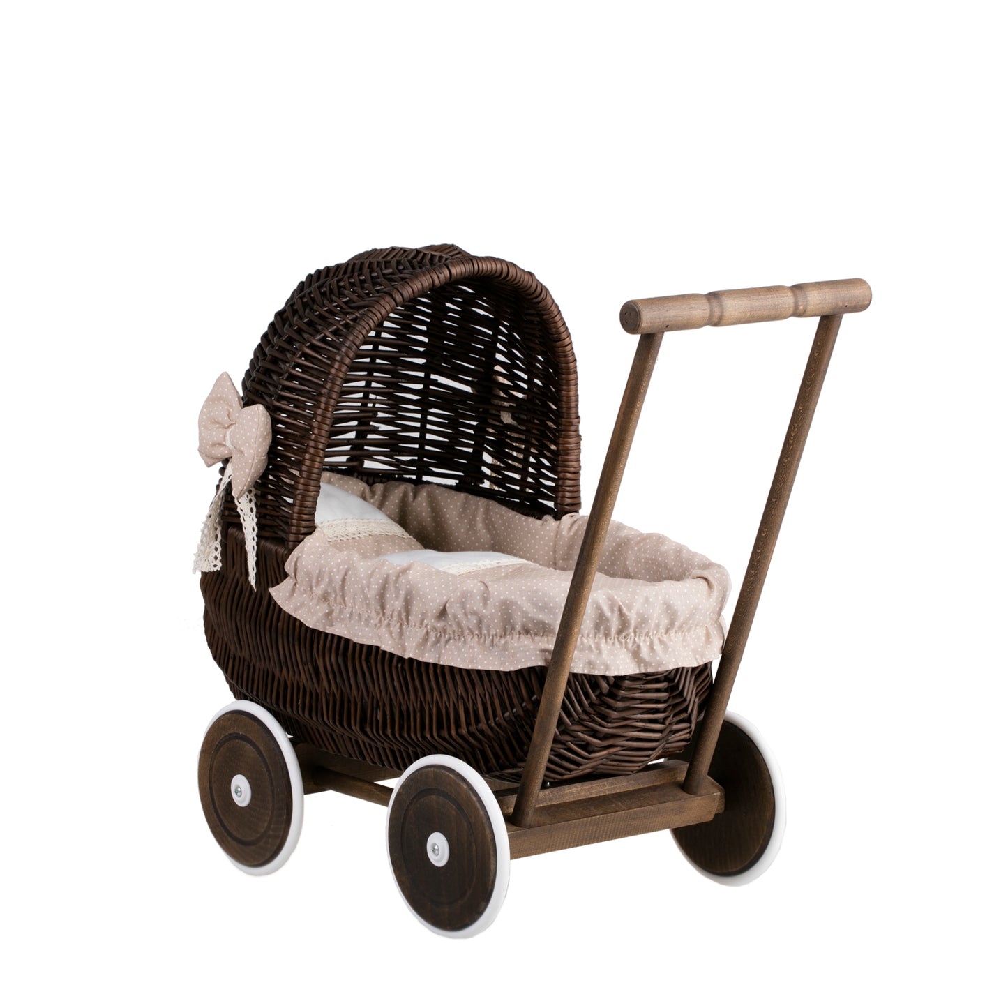 Lala wicker doll stroller with beige trim, blanket, and pillow