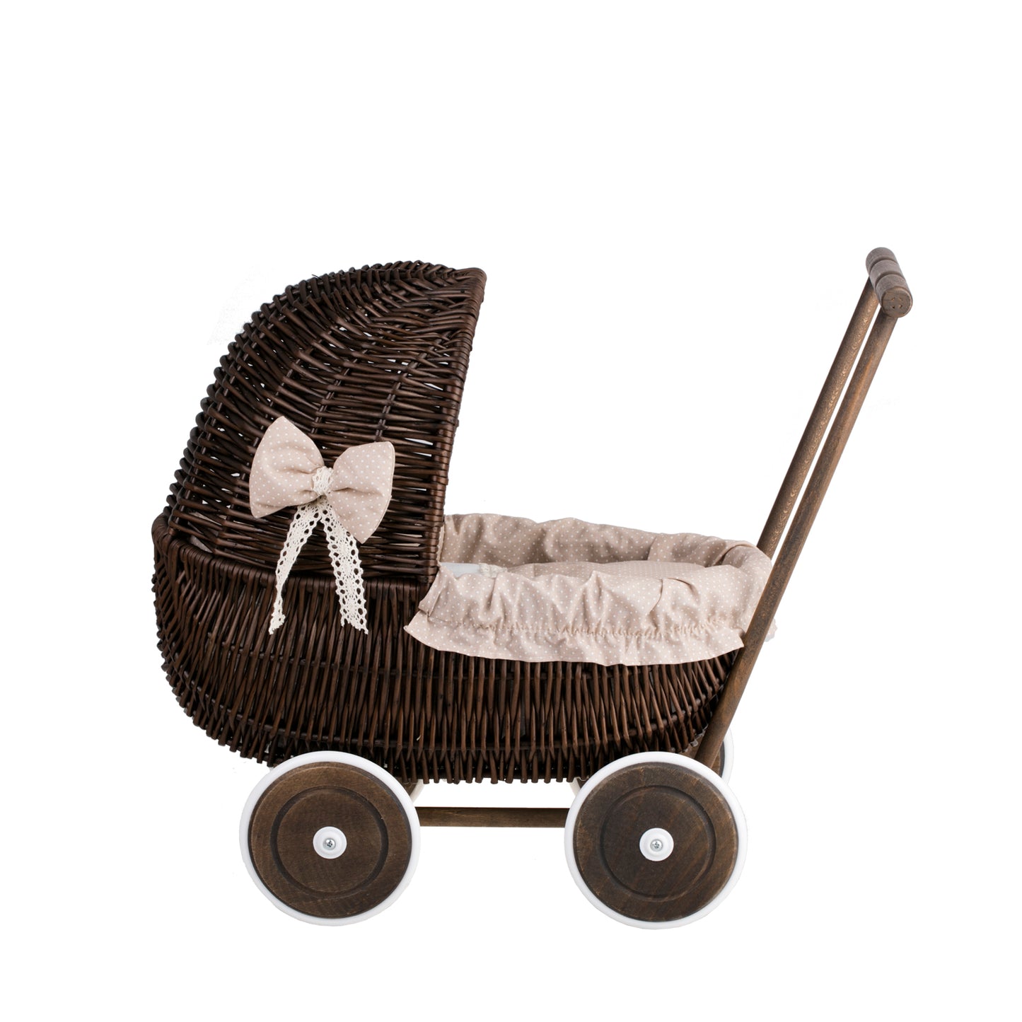 Lala wicker doll stroller with beige trim, blanket, and pillow