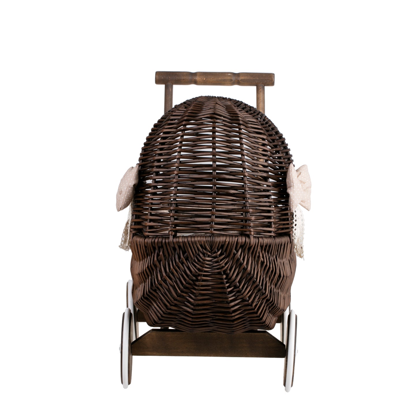 Lala wicker doll stroller with beige trim, blanket, and pillow