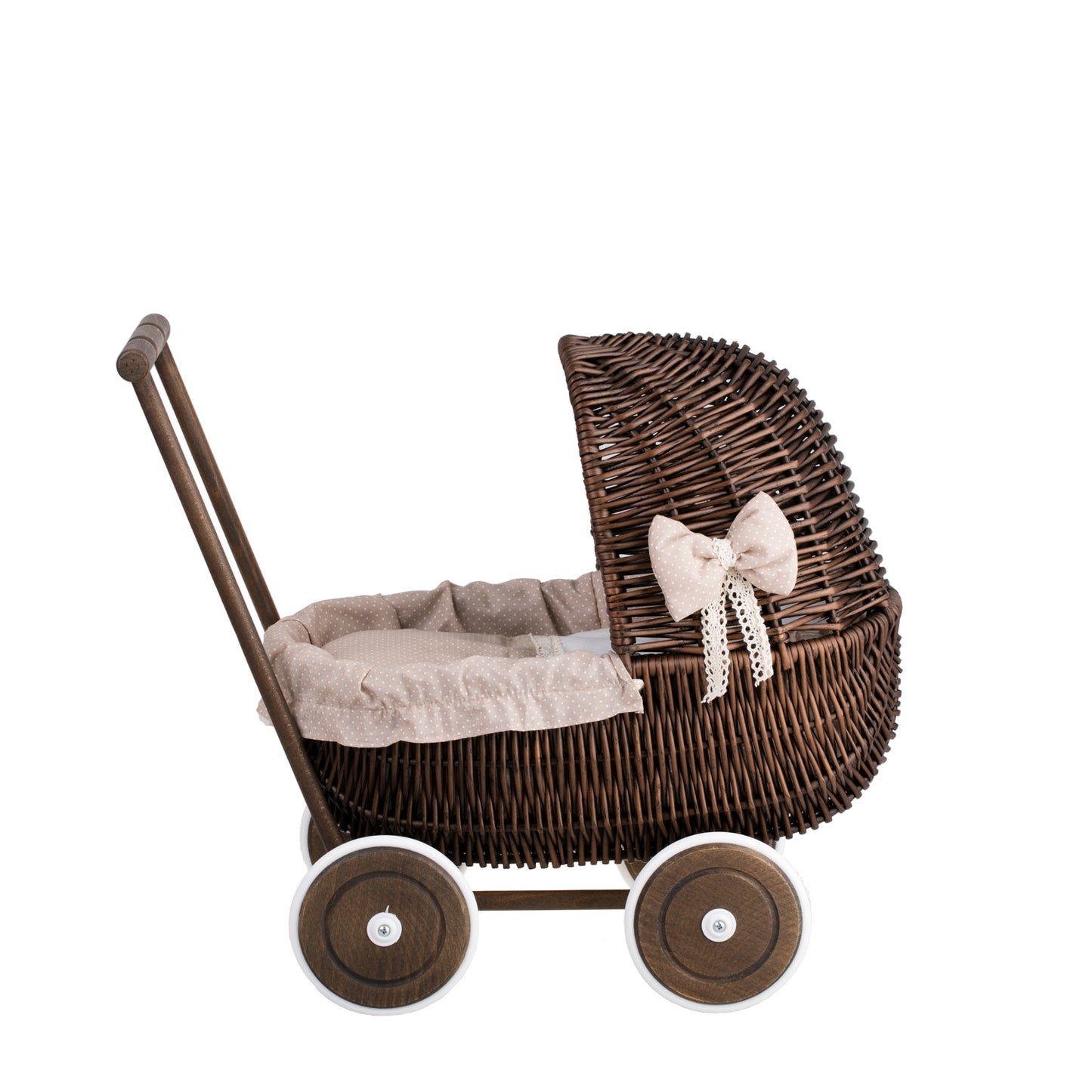 Lala wicker doll stroller with beige trim, blanket, and pillow