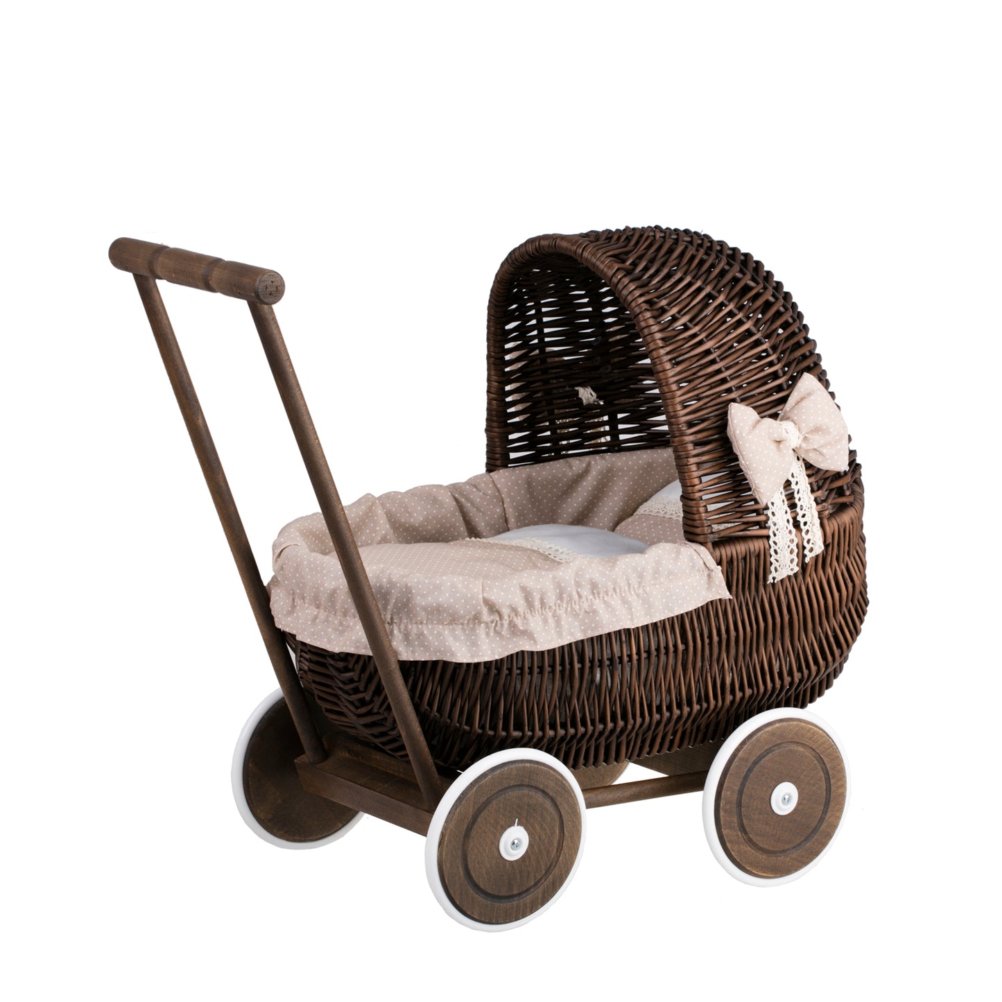 Lala wicker doll stroller with beige trim, blanket, and pillow