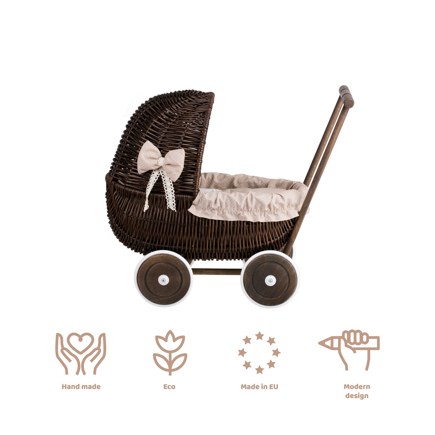 Lala wicker doll stroller with beige trim, blanket, and pillow