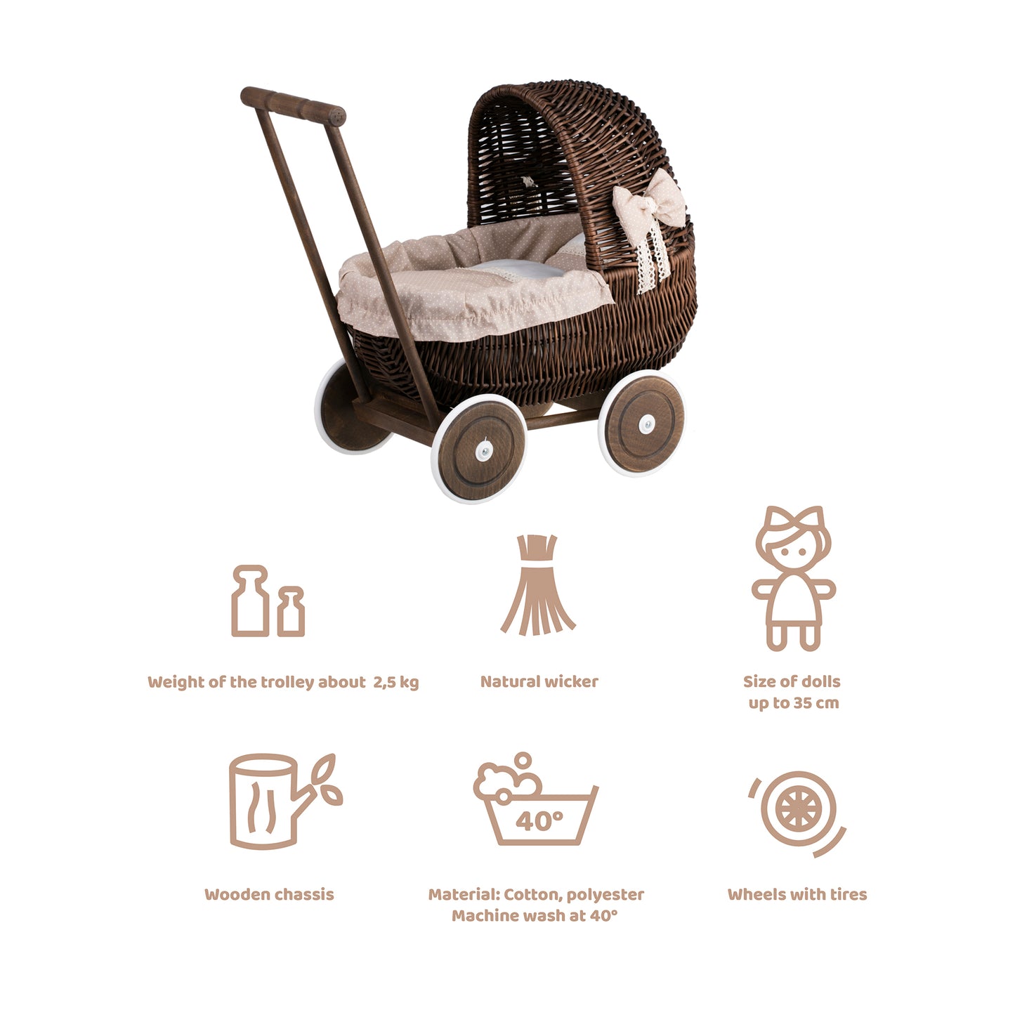 Lala wicker doll stroller with beige trim, blanket, and pillow