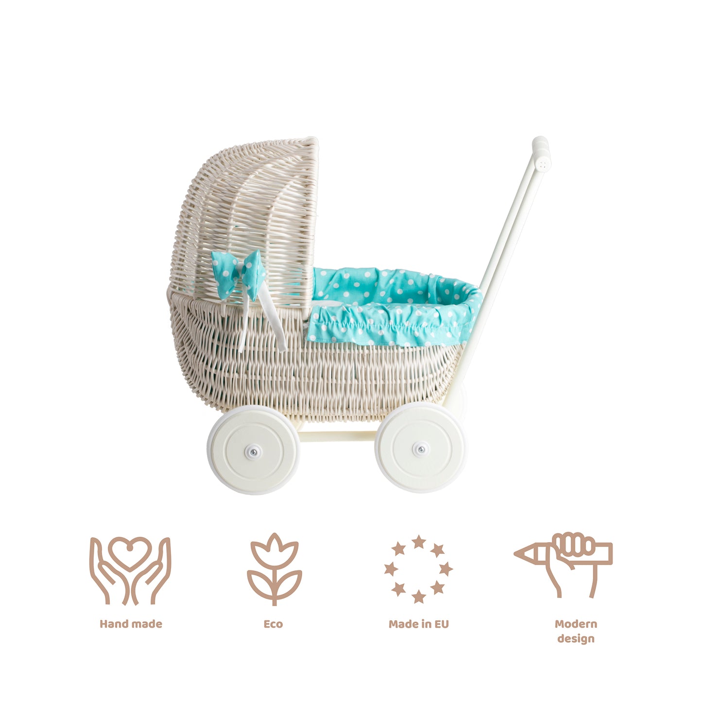 Lala wicker doll stroller with green trim, blanket, and pillow