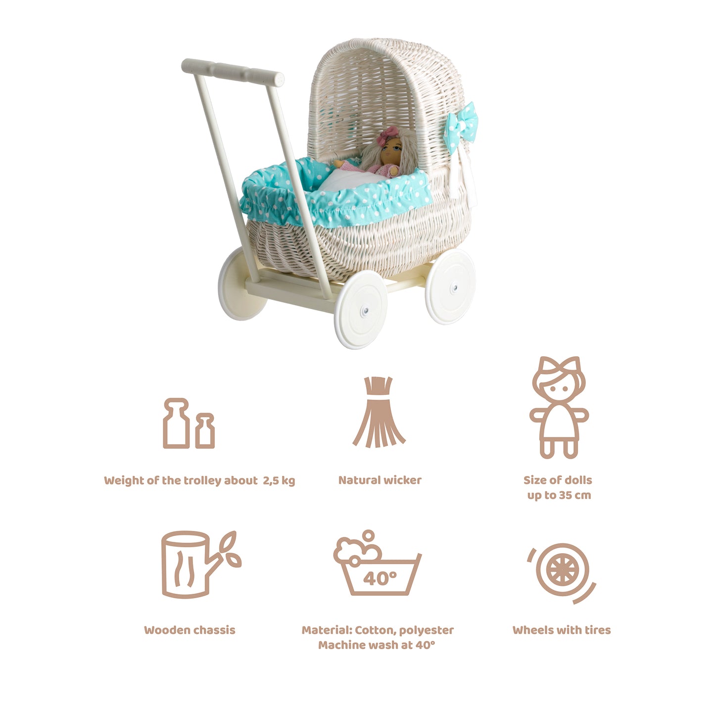 Lala wicker doll stroller with green trim, blanket, and pillow
