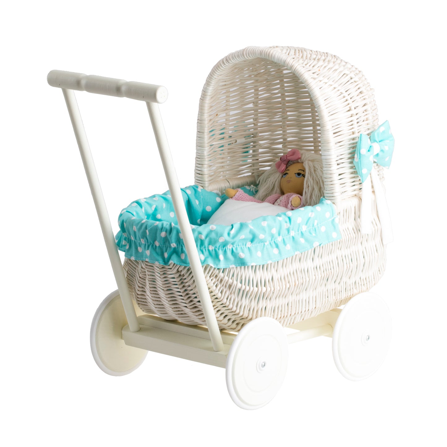 Lala wicker doll stroller with green trim, blanket, and pillow