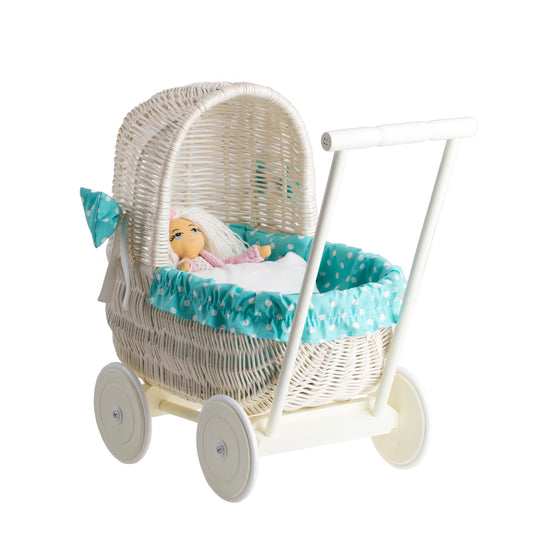 wicker doll stroller with mint trim, blanket and pillow