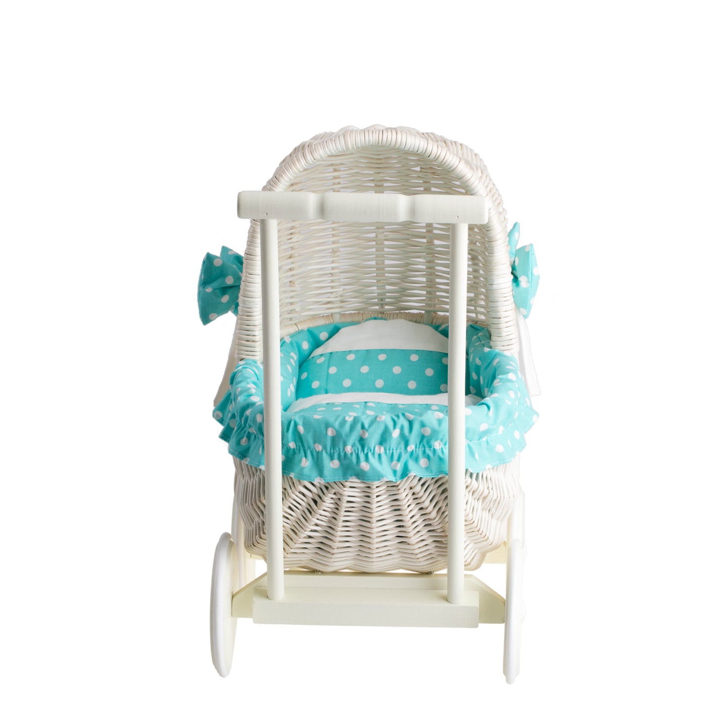 Lala wicker doll stroller with green trim, blanket, and pillow
