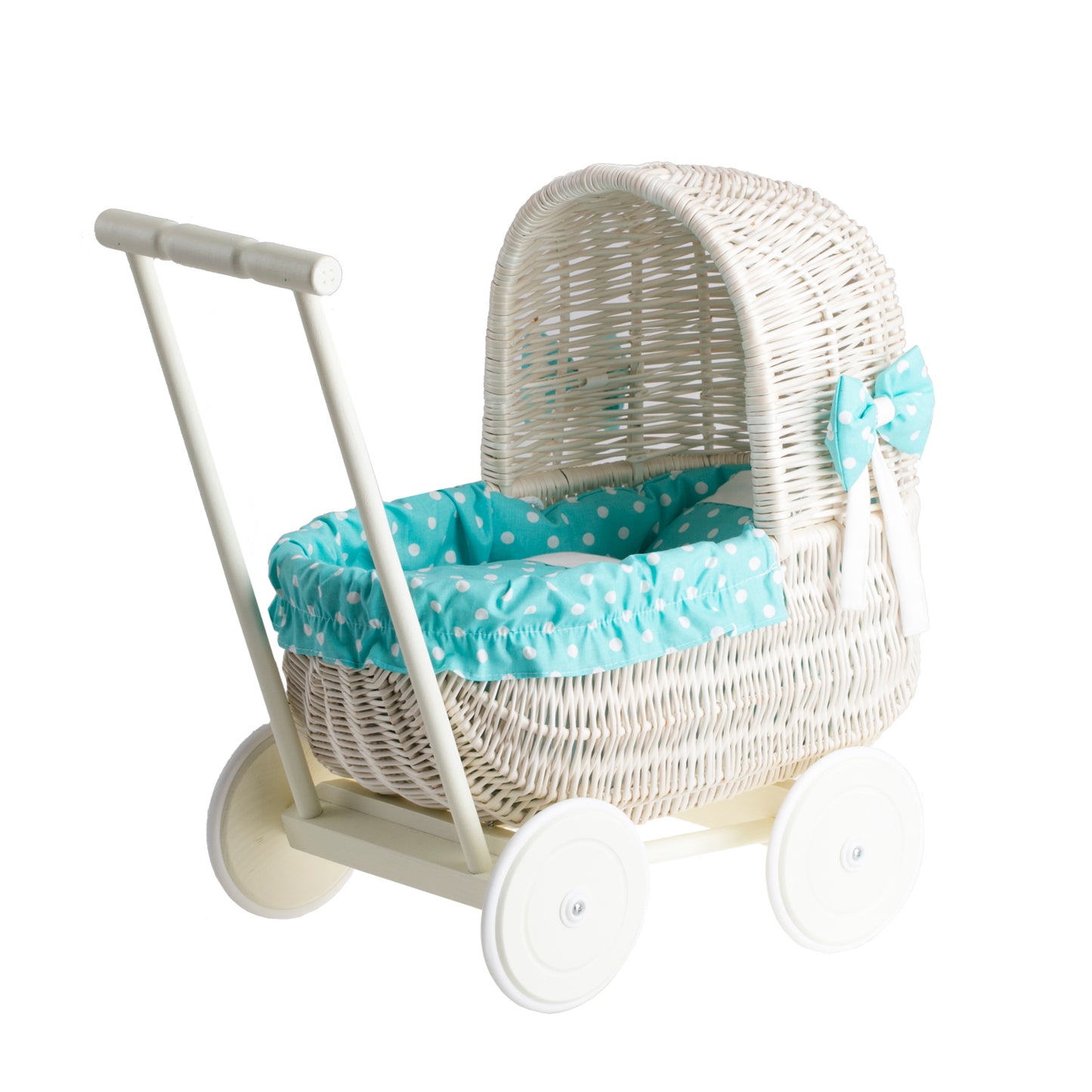 Lala wicker doll stroller with green trim, blanket, and pillow