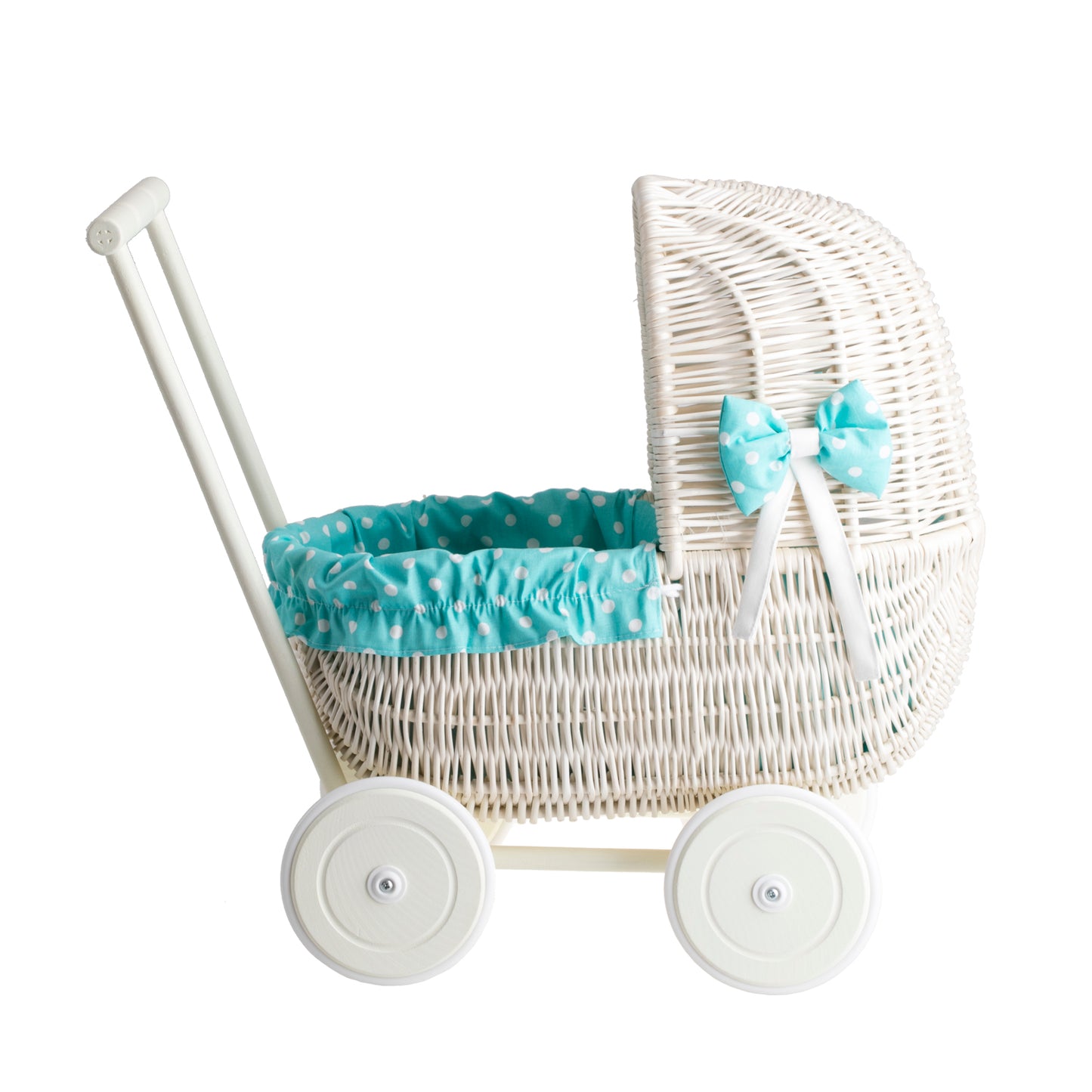 Lala wicker doll stroller with green trim, blanket, and pillow