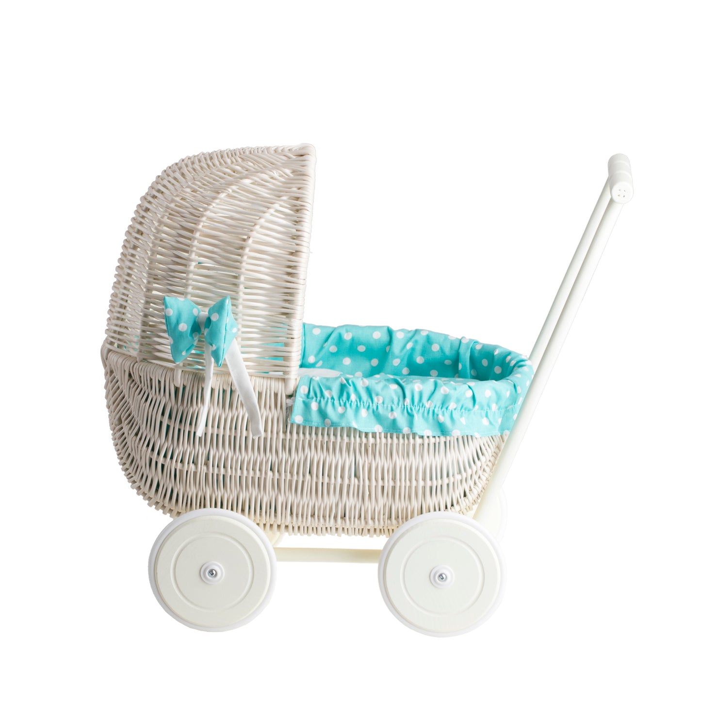 Lala wicker doll stroller with green trim, blanket, and pillow