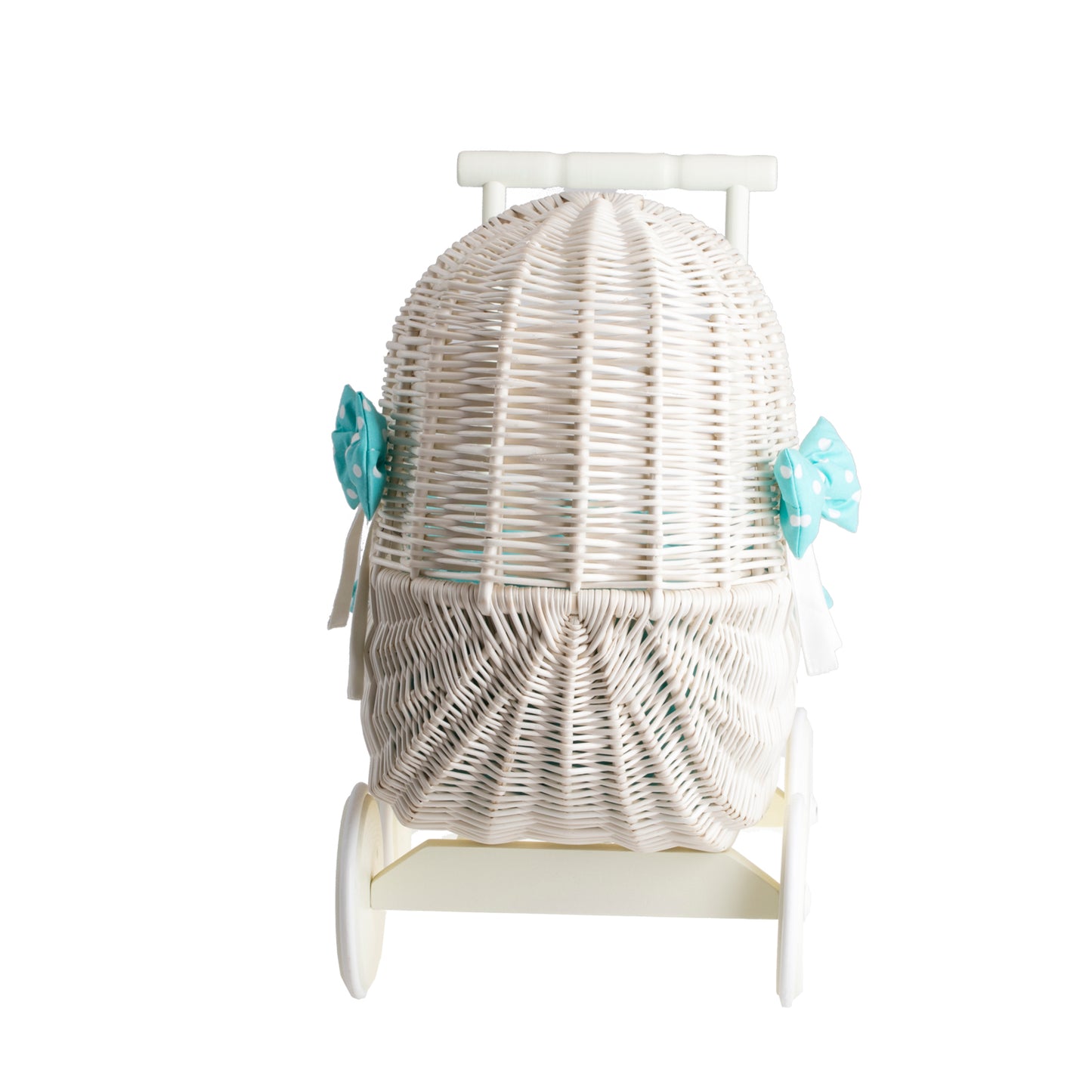 Lala wicker doll stroller with green trim, blanket, and pillow