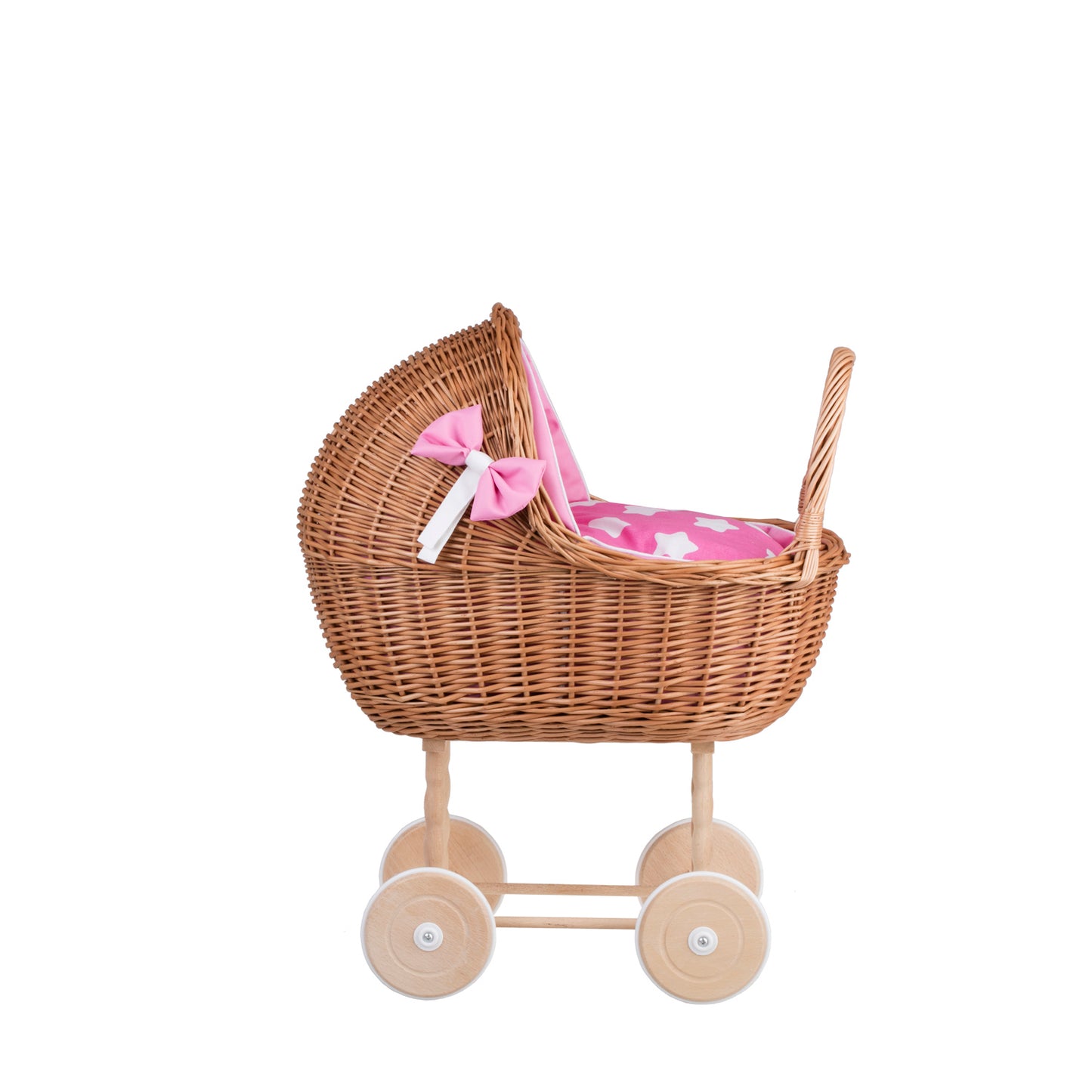 Lili wicker doll stroller with pink trim, blanket, and pillow
