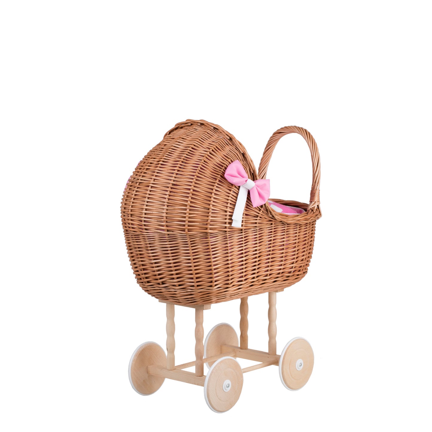 Lili wicker doll stroller with pink trim, blanket, and pillow