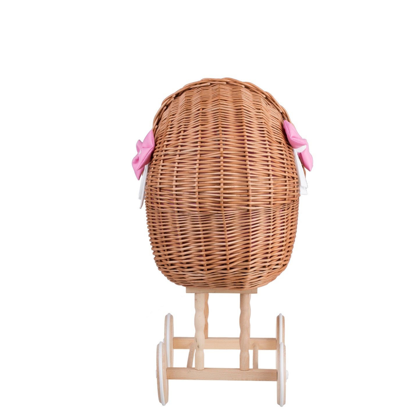 Lili wicker doll stroller with pink trim, blanket, and pillow