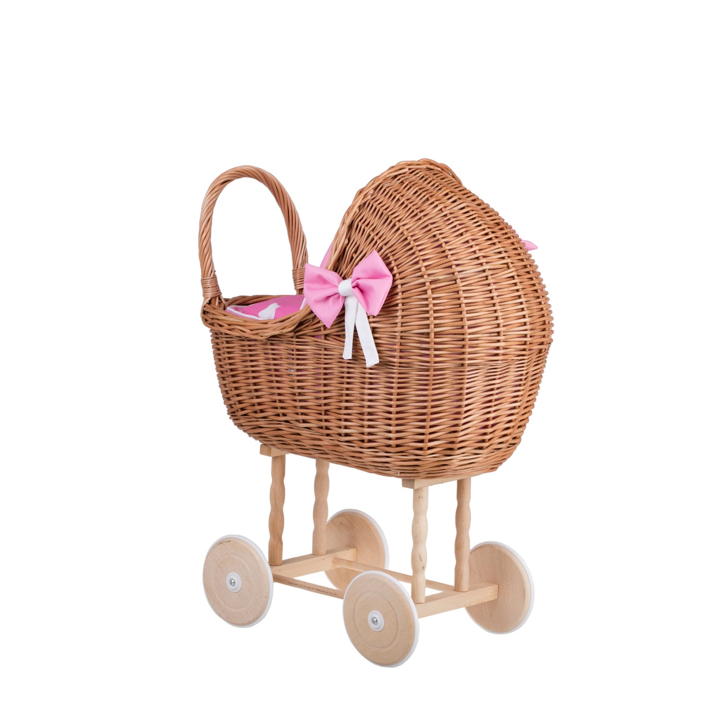 Lili wicker doll stroller with pink trim, blanket, and pillow