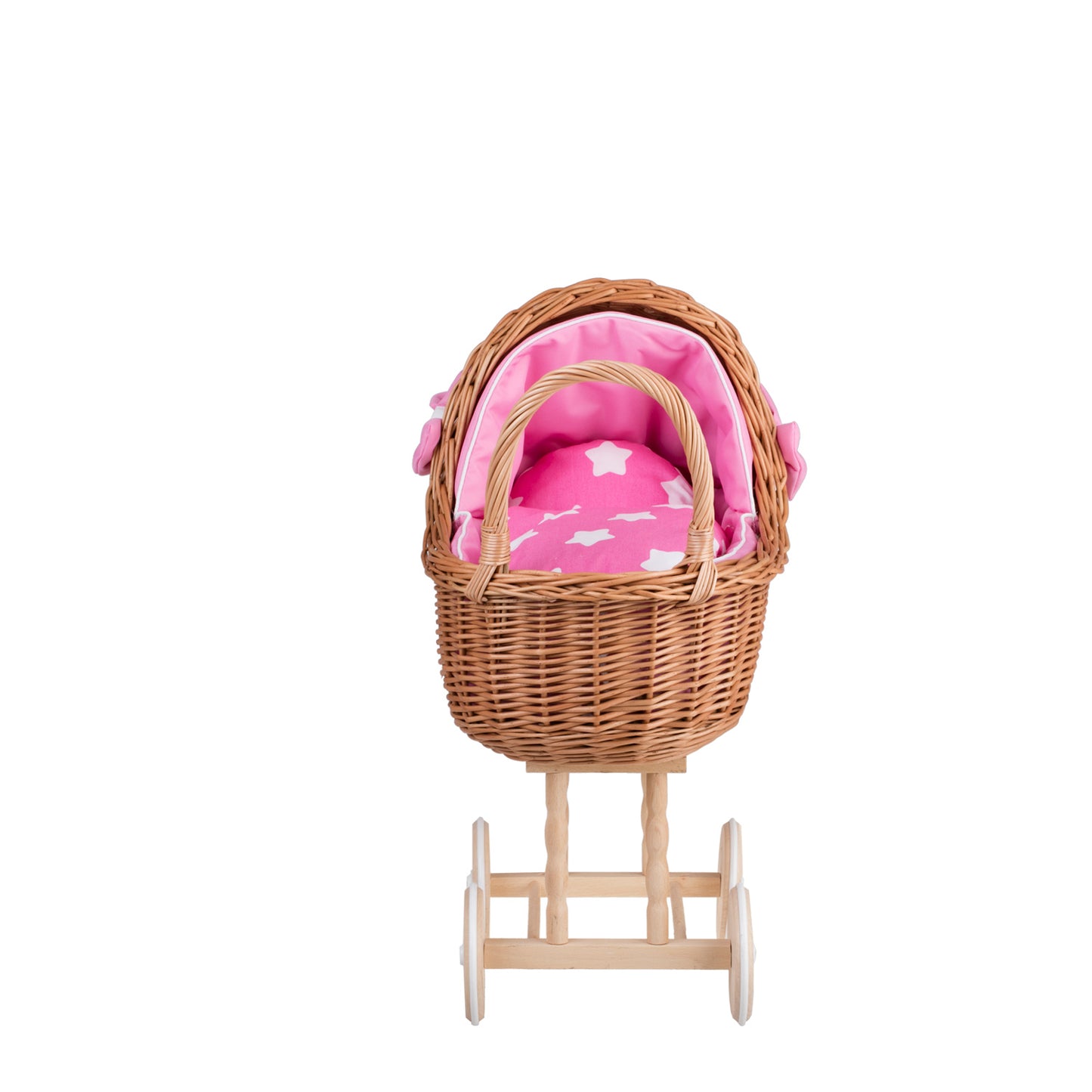 Lili wicker doll stroller with pink trim, blanket, and pillow