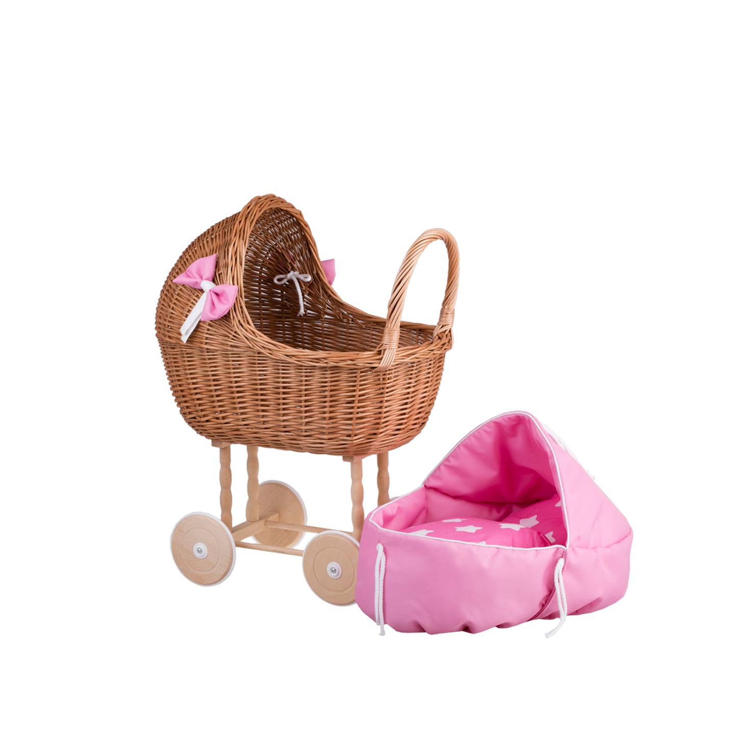 Lili wicker doll stroller with pink trim, blanket, and pillow