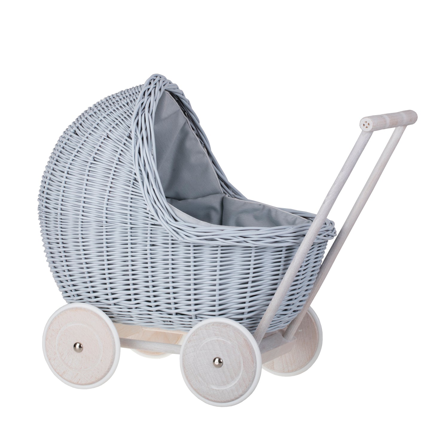 Lili wicker doll stroller with blue trim, blanket, and pillow