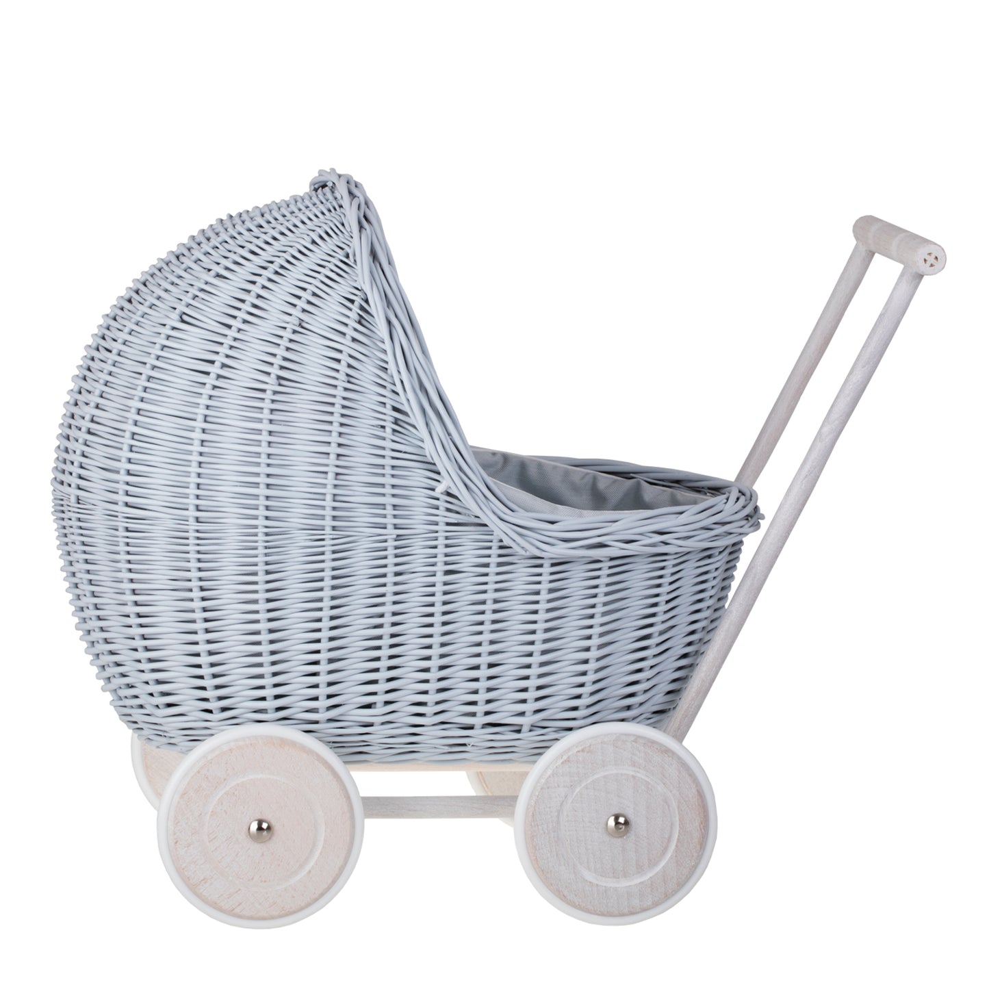 Lili wicker doll stroller with blue trim, blanket, and pillow