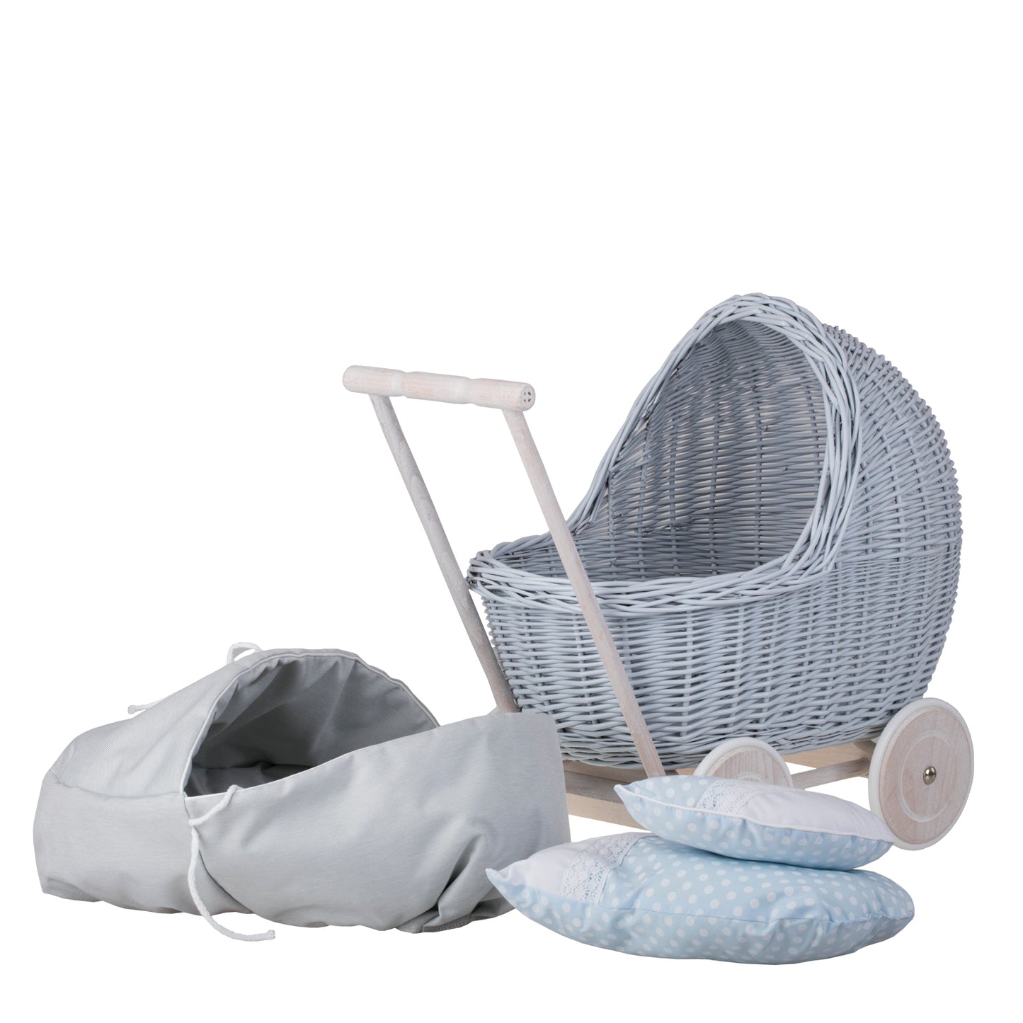 Lili wicker doll stroller with blue trim, blanket, and pillow
