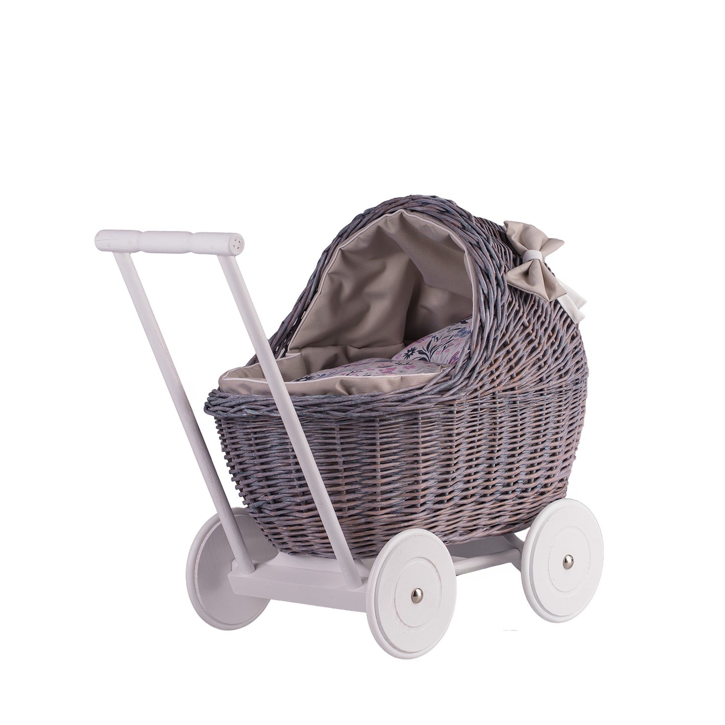 Lili wicker doll stroller with beige trim, blanket, and pillow