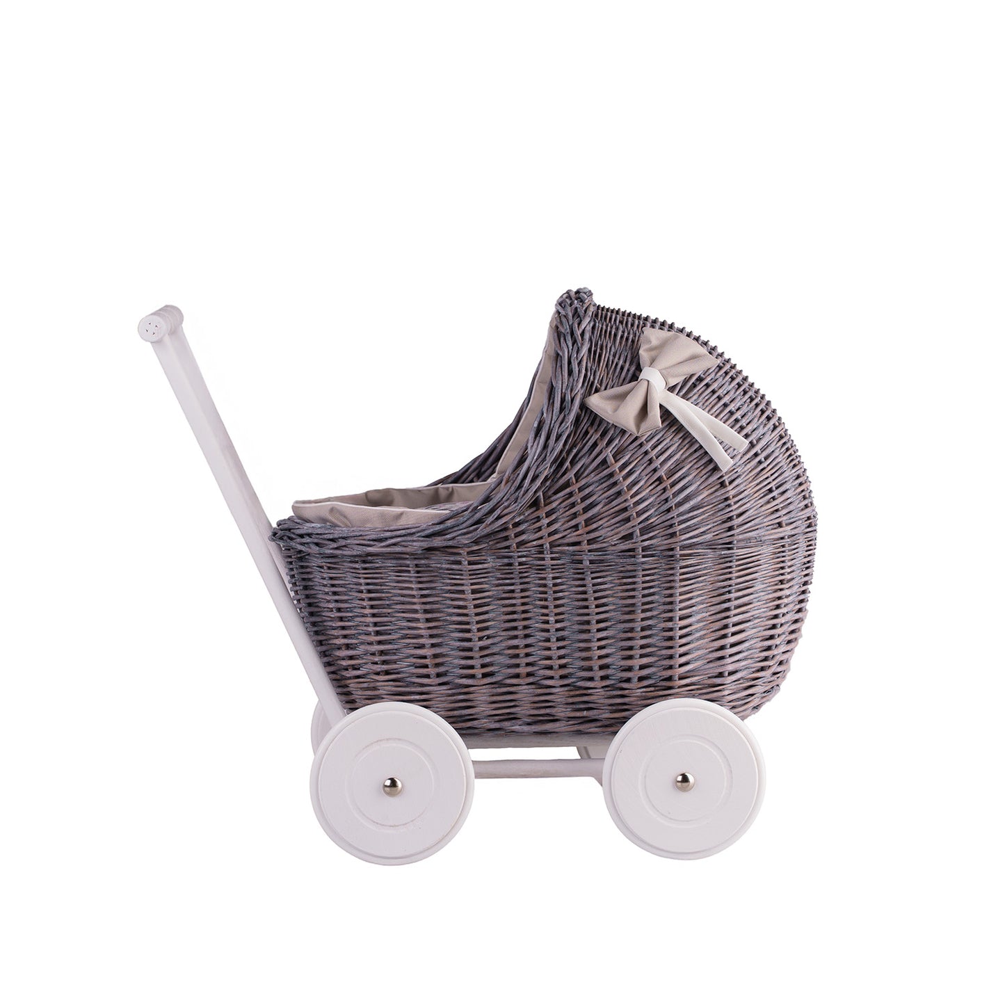 Lili wicker doll stroller with beige trim, blanket, and pillow