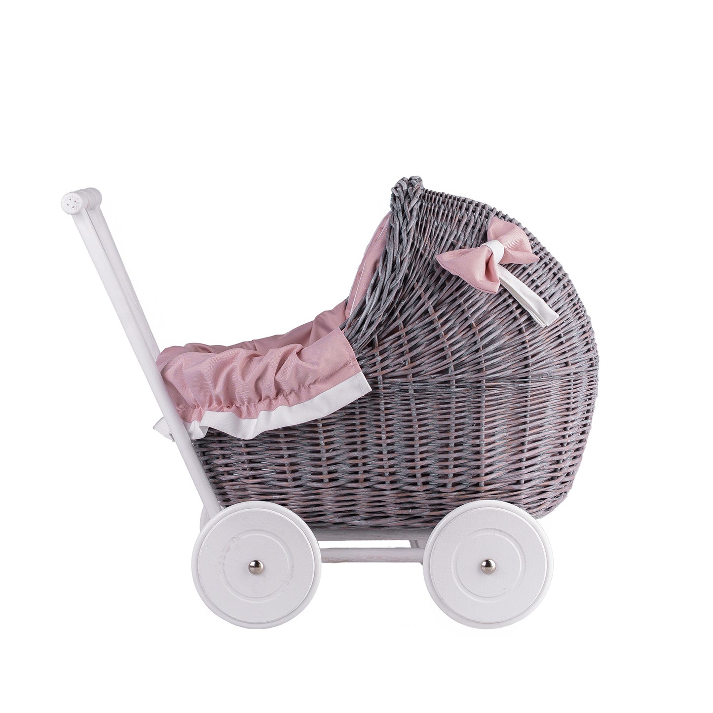 Lili wicker doll stroller with pink trim, blanket, and pillow