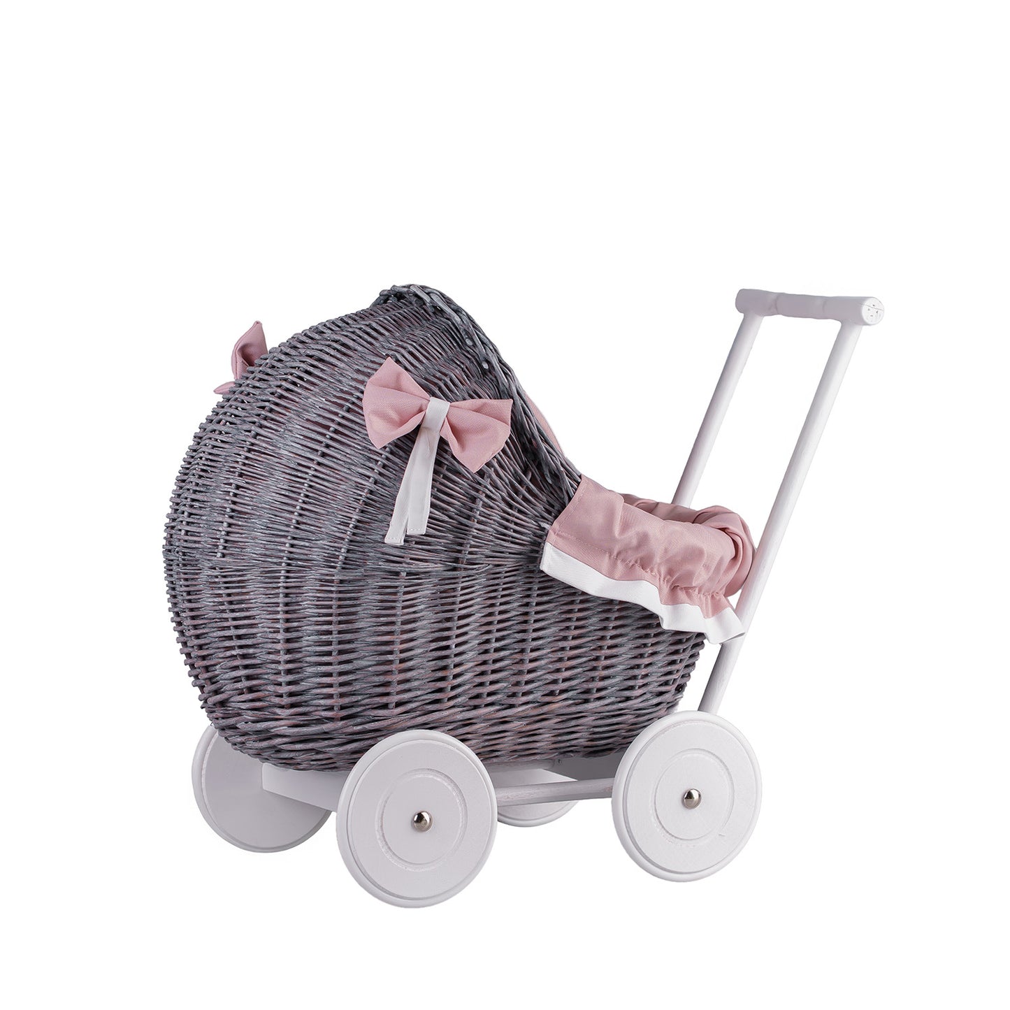 Lili wicker doll stroller with pink trim, blanket, and pillow