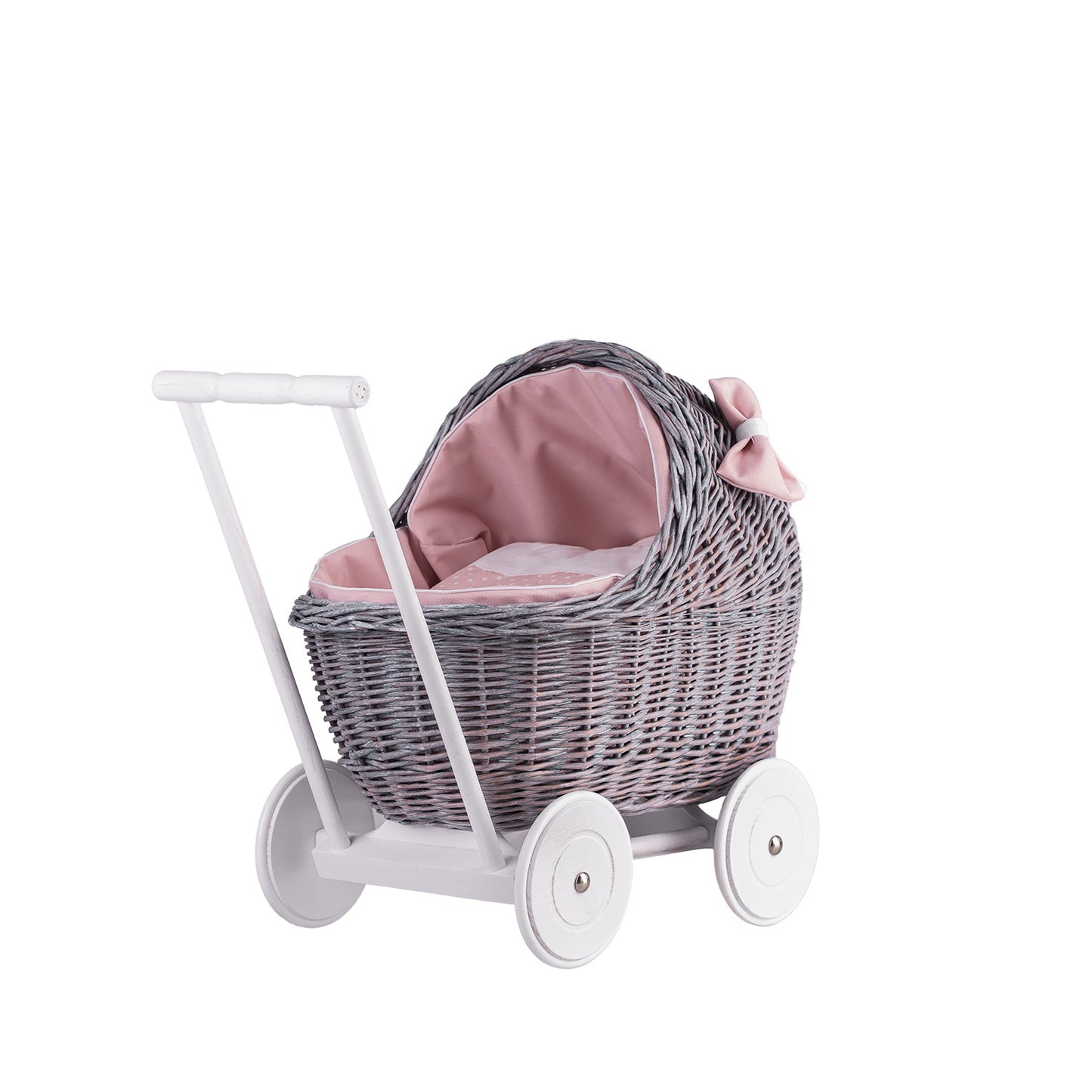 Lili wicker doll stroller with pink trim, blanket, and pillow