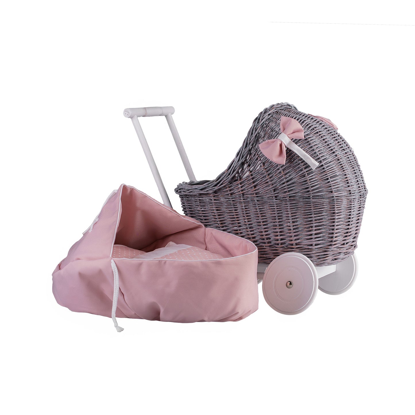 Lili wicker doll stroller with pink trim, blanket, and pillow