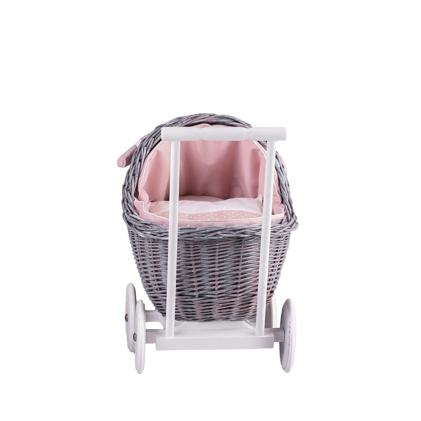 Lili wicker doll stroller with pink trim, blanket, and pillow