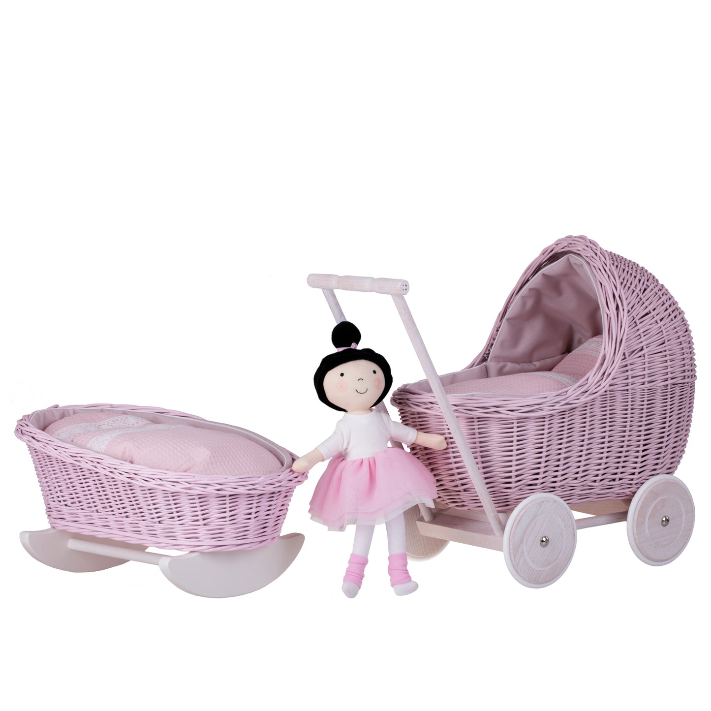 Lili rietenen poppenwagen en wieg met roze rand, dekentje en kussen