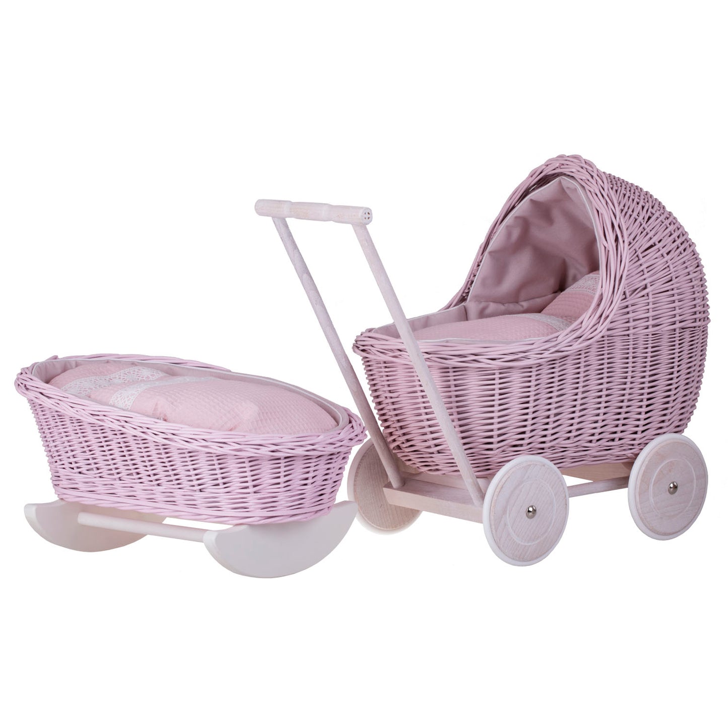 Lili rietenen poppenwagen en wieg met roze rand, dekentje en kussen