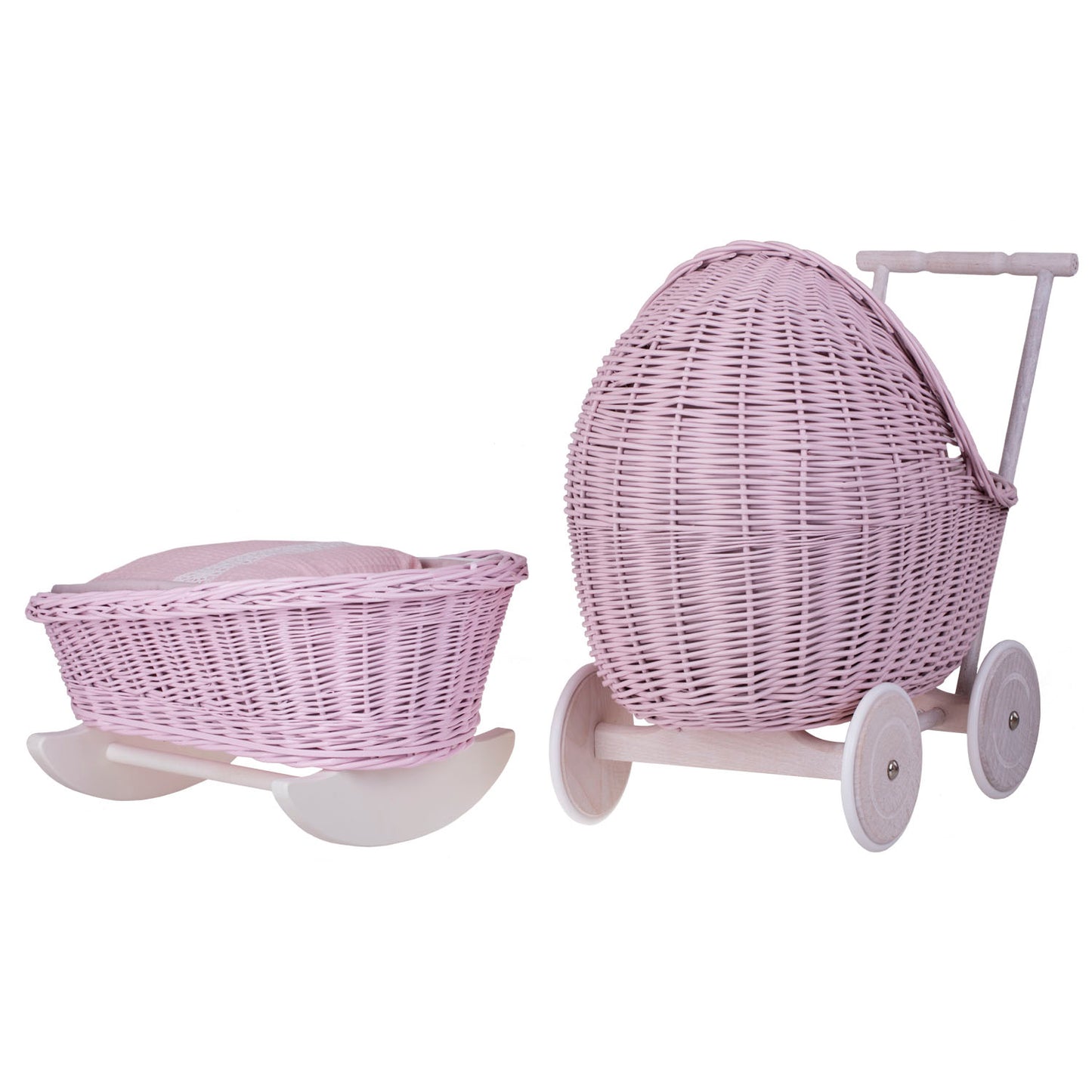 Lili rietenen poppenwagen en wieg met roze rand, dekentje en kussen