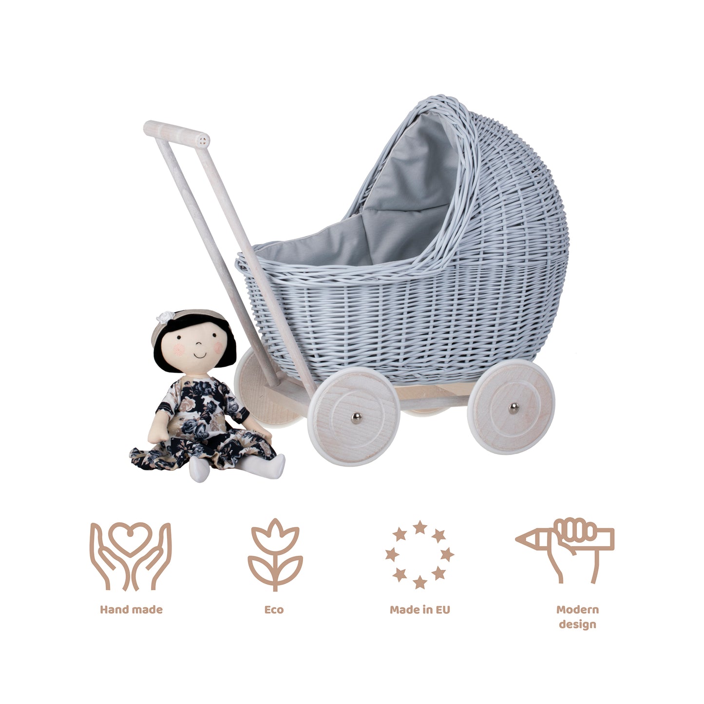 Lili wicker doll stroller with blue trim, blanket, and pillow