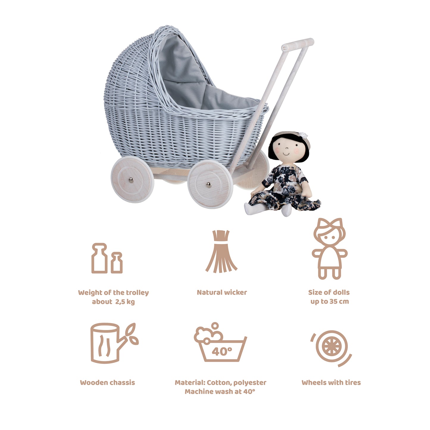 Lili wicker doll stroller with blue trim, blanket, and pillow