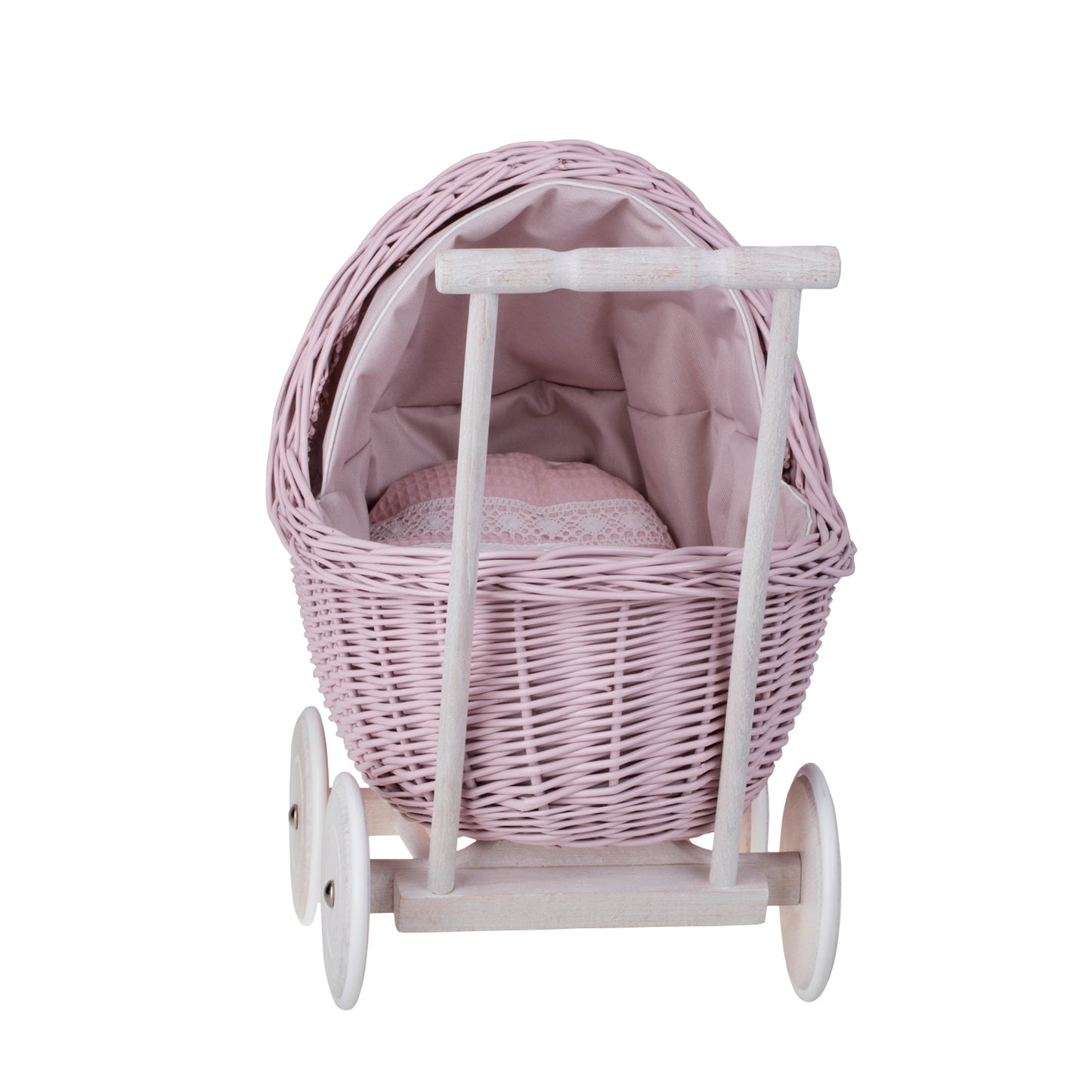 Lili wicker doll stroller with beige trim, blanket, and pillow