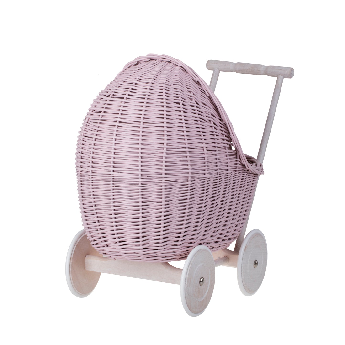 Lili wicker doll stroller with beige trim, blanket, and pillow