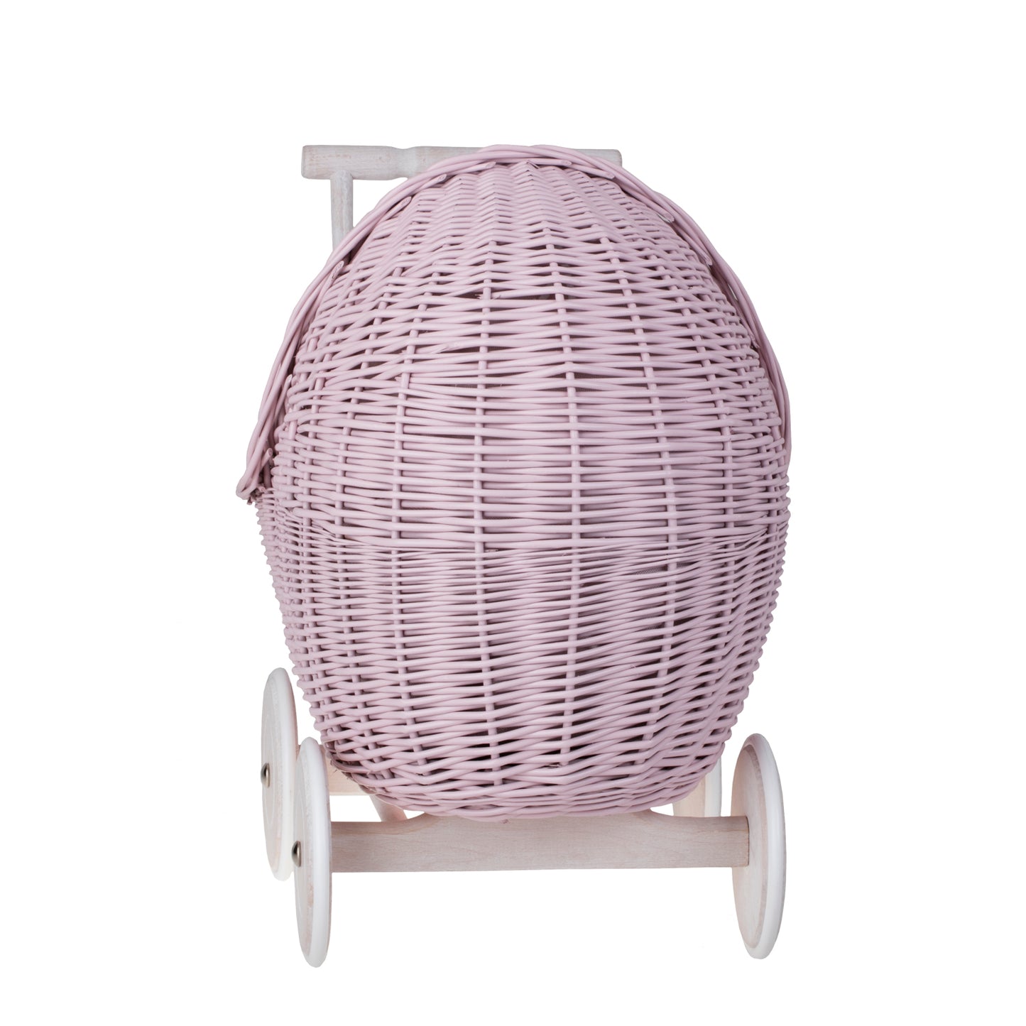 Lili rietenen poppenwagen en wieg met roze rand, dekentje en kussen