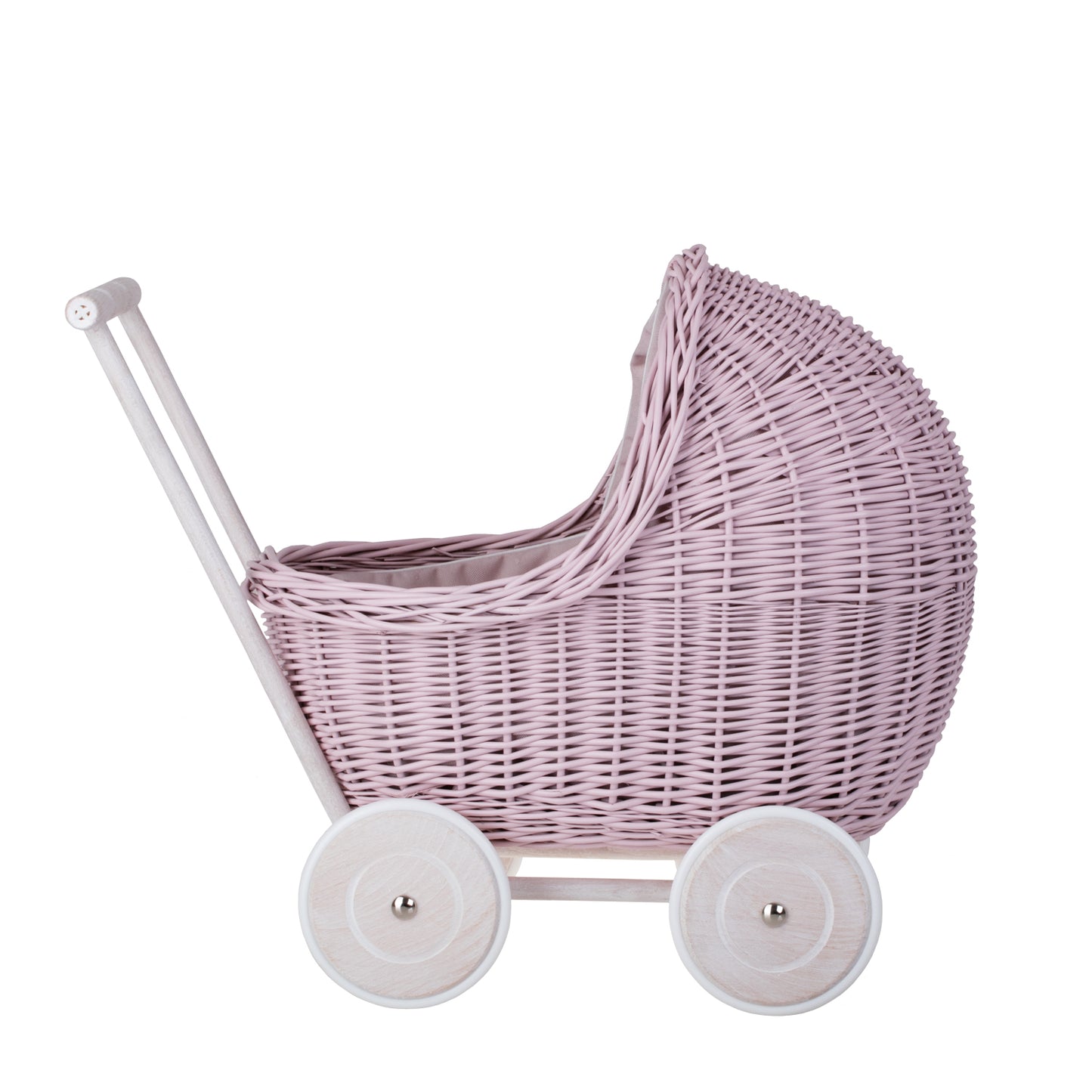 Lili wicker doll stroller with beige trim, blanket, and pillow