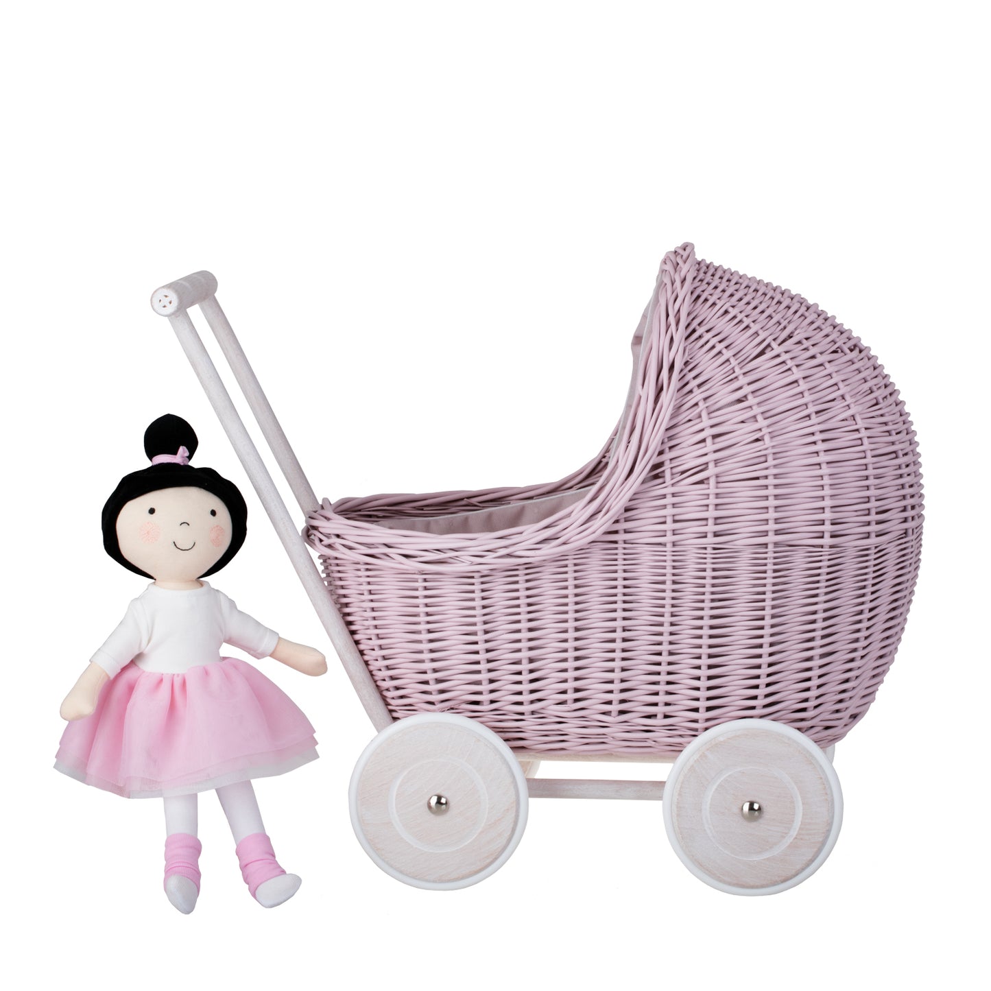 Lili wicker doll stroller with beige trim, blanket, and pillow